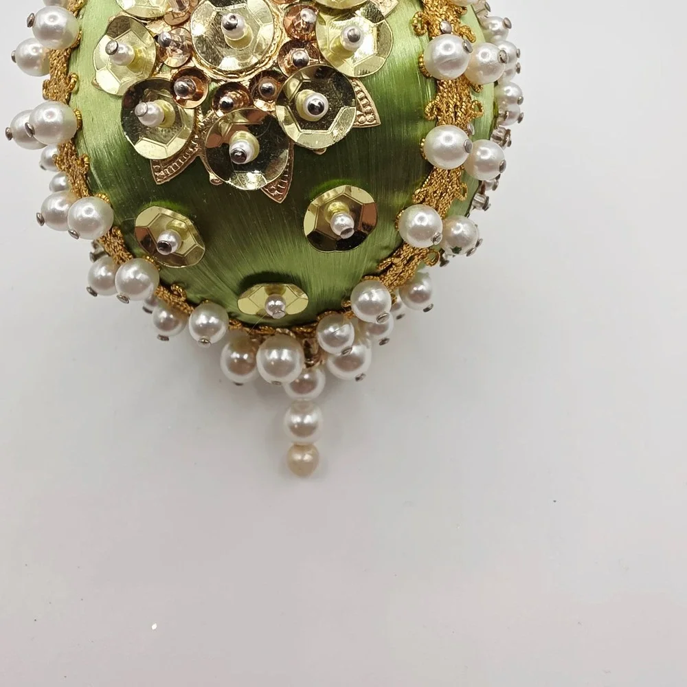 Vintage Sequin Beaded Push-Pin Christmas Ornament Round Green Gold Sparkle 3.5